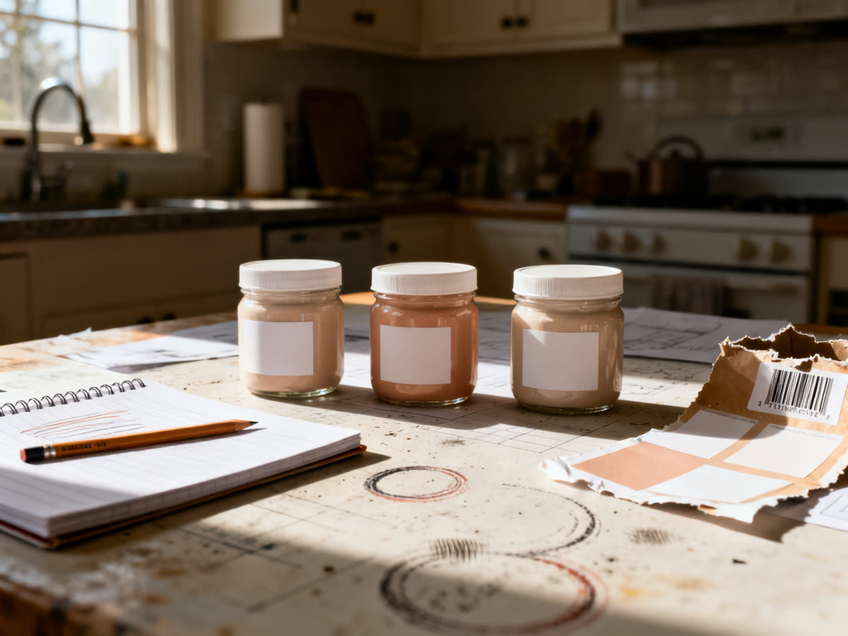 A kitchen table with three early product samples lined up unevenly beside a notebook.