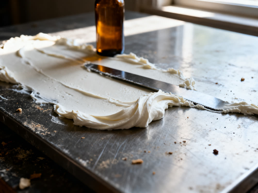 White cream swirled on a stainless steel slab with a spatula trail.
