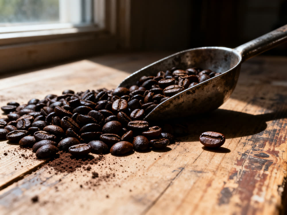 Dark roasted coffee beans spilling around a battered steel scoop.
