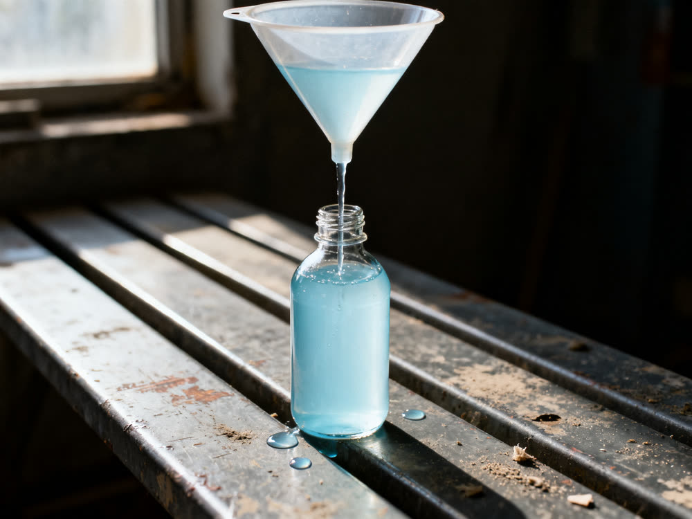 Pale blue liquid pouring through a funnel into an unlabelled bottle.