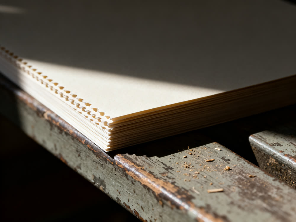 Macro of a fanned stack of blank uncoated cardstock under raking light.