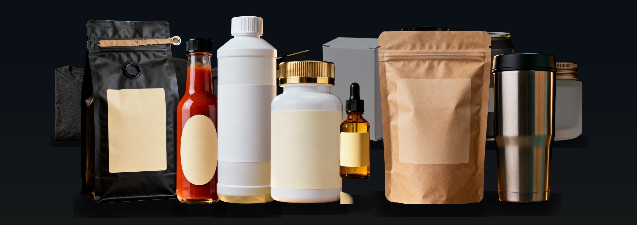 A lineup of finished private label products SpinUp manufactures: coffee pouch, hot sauce, cleaner, supplement bottle, protein tub, cream jar, dropper bottle, pet treat pouch, cap, t-shirt, gift box, tumbler, coating can and a device carton.