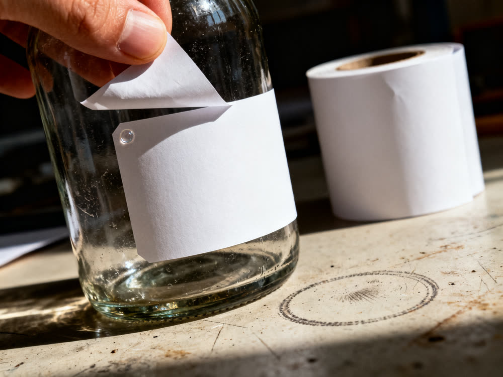 A blank label being smoothed onto a glass bottle at a grazing angle.